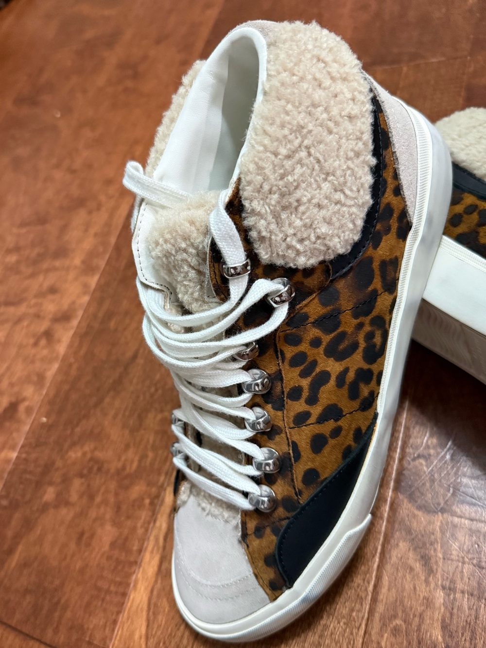 NEW-no box Marc Fisher Leopard Print Sherpa-Trim High-Top Sneakers Cream/Brown